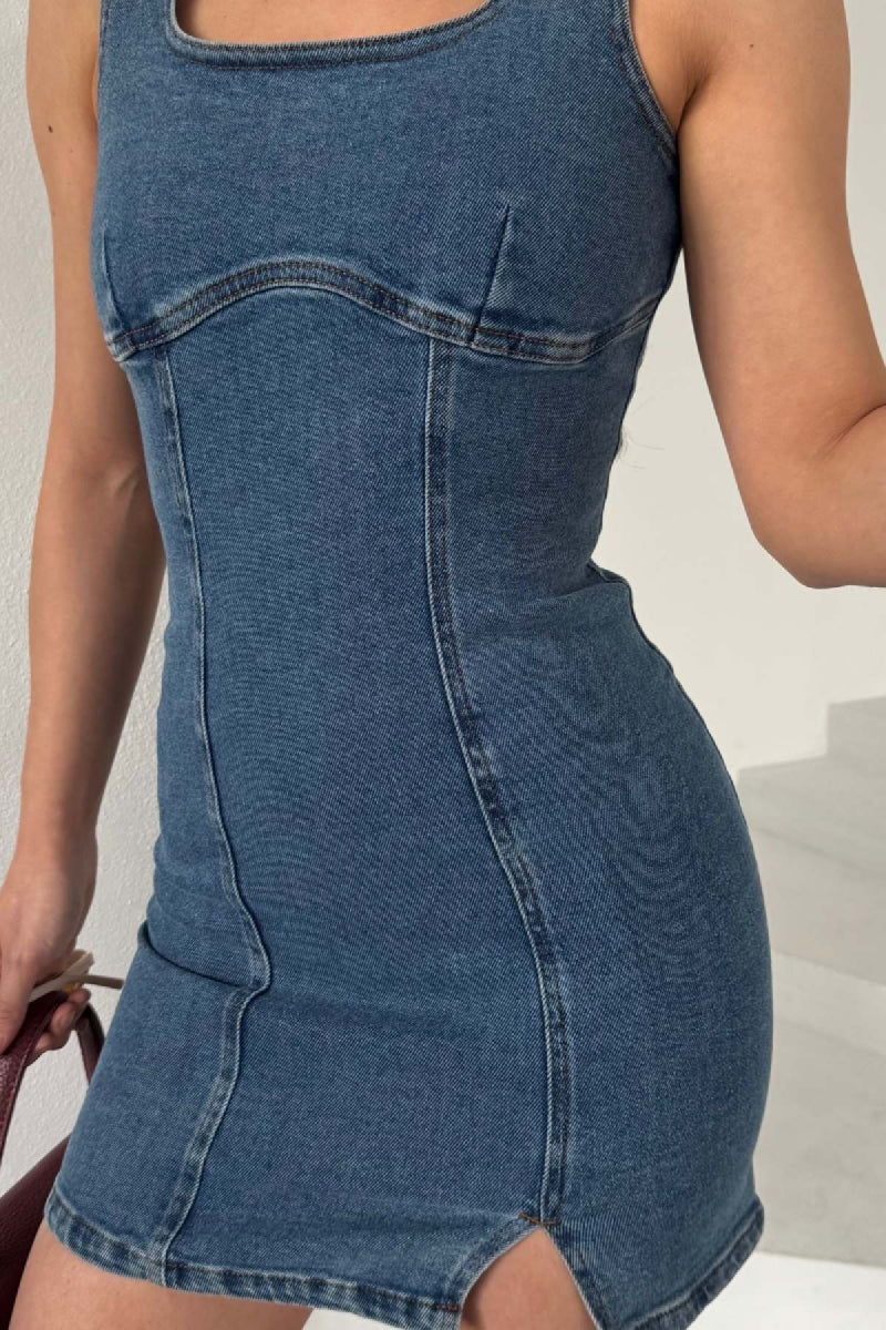 Fermuarlı Mini Kot Elbise - Düz Orta Mavi Rins - (XS-L) - 6