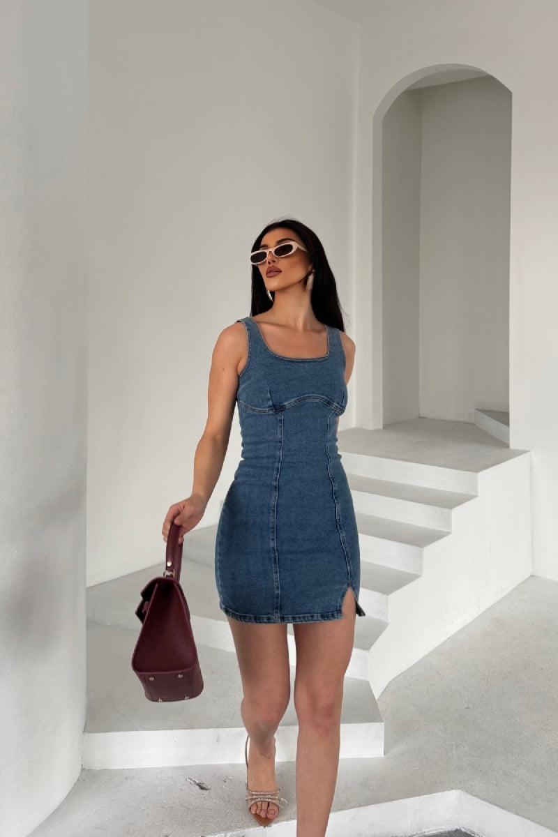 Fermuarlı Mini Kot Elbise Düz Orta Mavi Rins