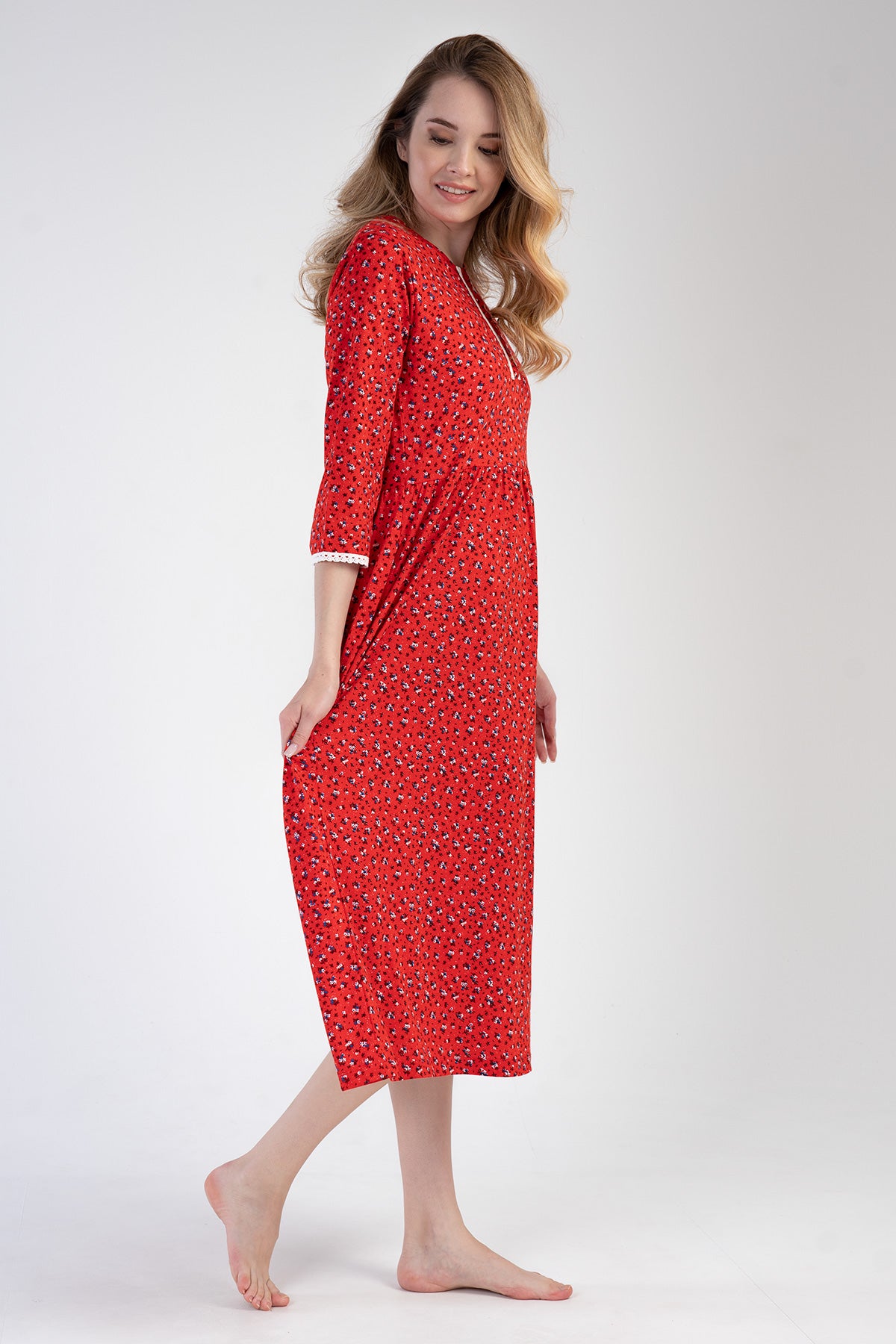 KADIN P.MODAL 3/4KOL DUGMELI CEPLI ELBISE