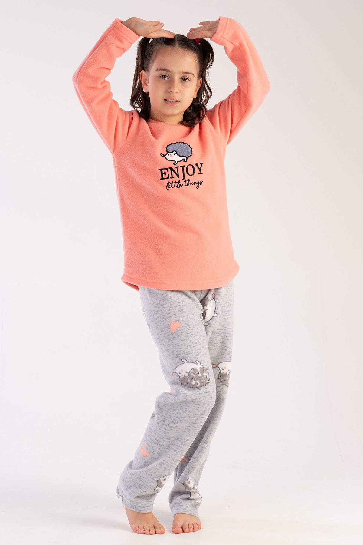 KIZ COCUK POLAR O YAKA UZUN KOL ETEGI OVAL PIJAMA TAKIM(7-8/13-14) - SEFTALI