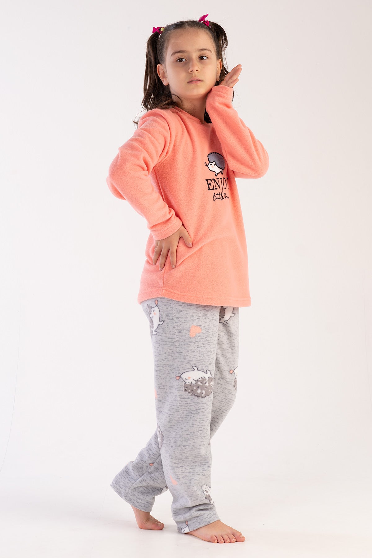 KIZ COCUK POLAR O YAKA UZUN KOL ETEGI OVAL PIJAMA TAKIM(7-8/13-14) - SEFTALI