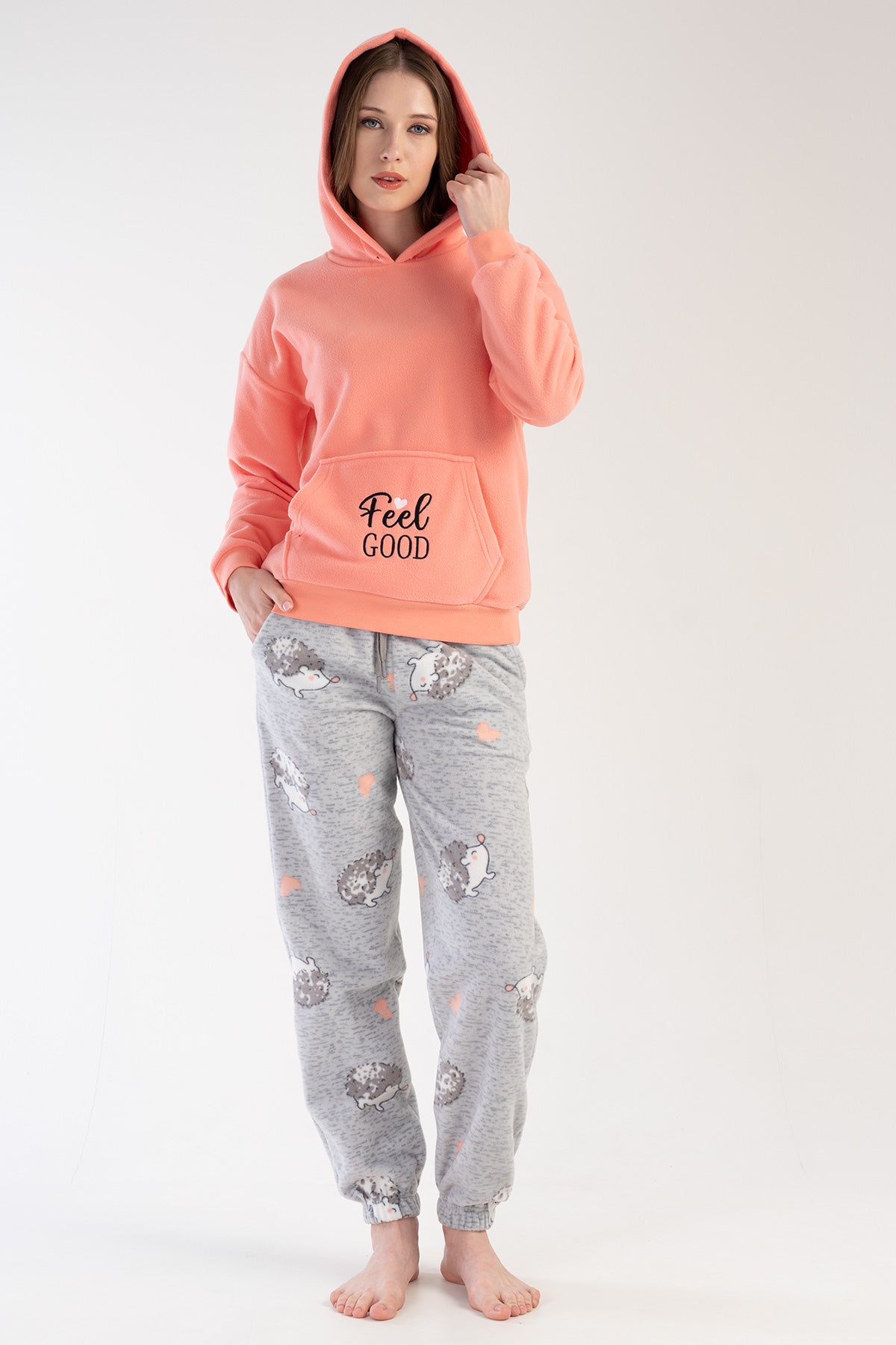 KADIN POLAR KAPSONLU DUSUK OMUZLU UZUN KOL KANGURU CEPLI MANSETLI PACASI BUZGULU CEPLI PIJAMA TAKIM