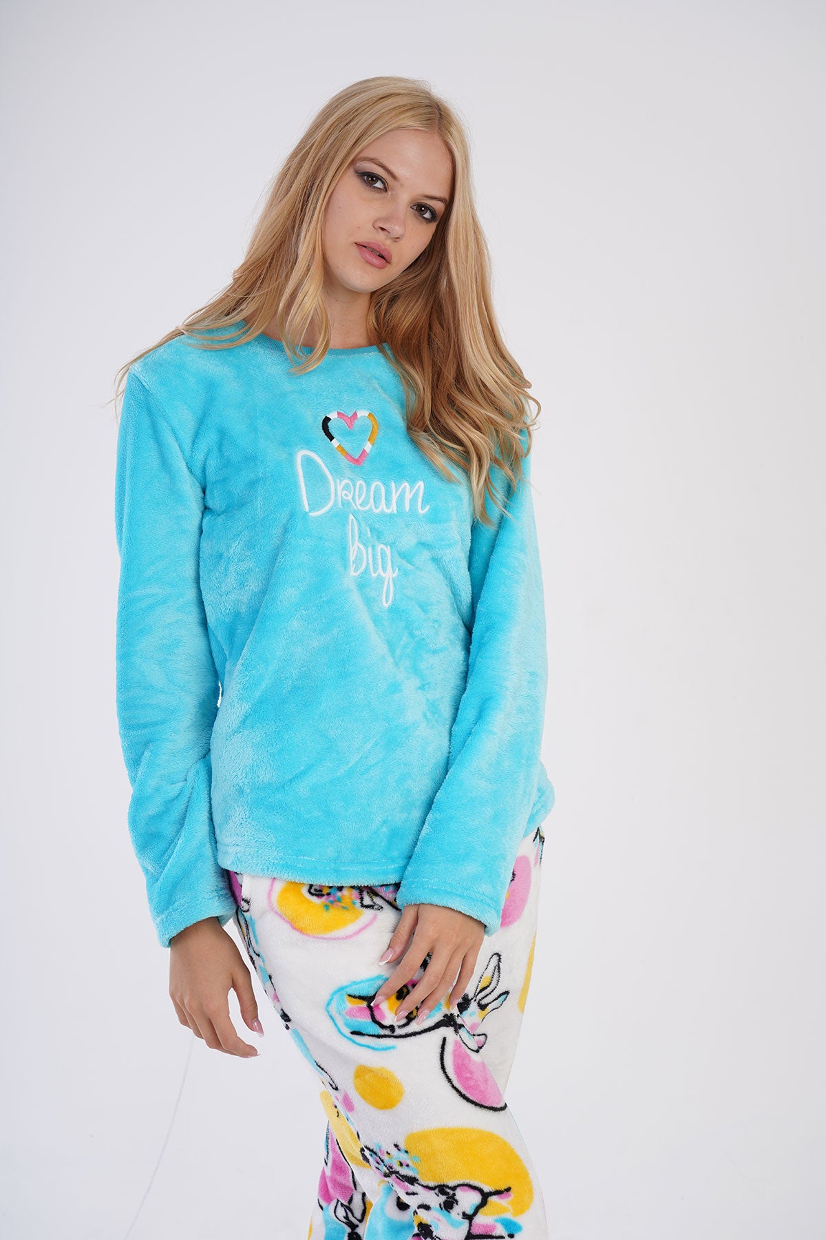 KADIN SOFT O YAKA UZUN KOL ETEGI OVAL MANSETLI CEPLI PIJAMA TAKIM - PARLAK MINT