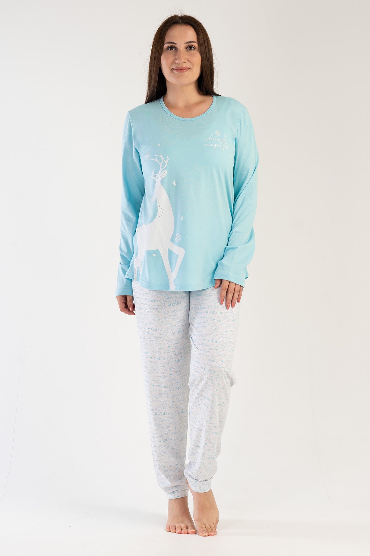 KADIN P.SUPREM XXL O YAKA UZUN KOL ETEGI OVAL PIJAMA TAKIM - MAVI
