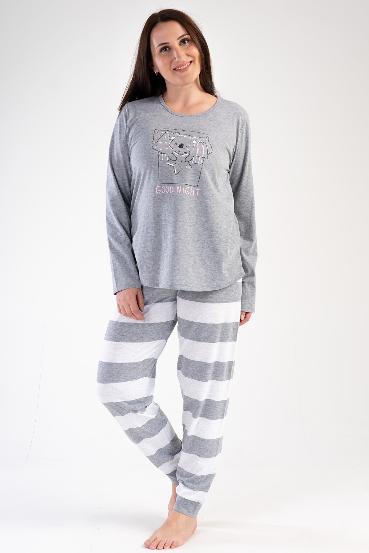 KADIN P.SUPREM XXL O YAKA UZUN KOL ETEGI OVAL MANSETLI PIJAMA TAKIM - GRAY MELANGE