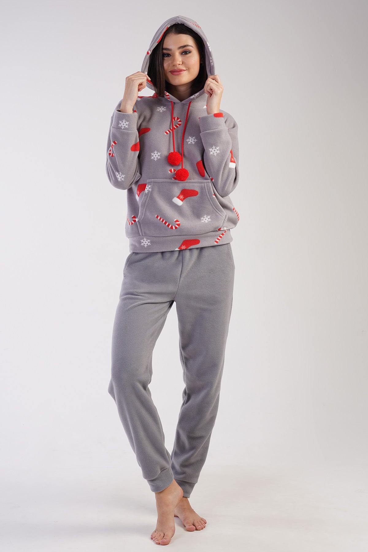 KADIN POLAR KAPSONLU DUSUK OMUZLU KANGURU CEPLI MANSETLI CEPLI PIJAMA TAKIM