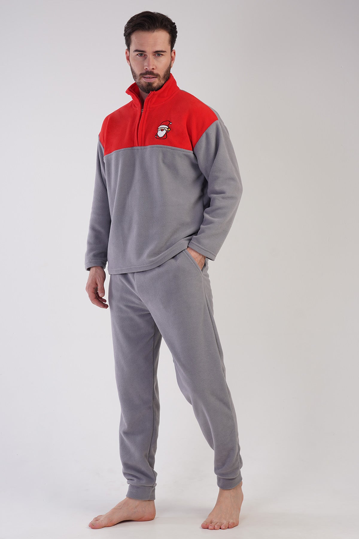 CEPLI ERKEK POLAR YAKALI DUSUK OMUZLU UZUN KOL FERMUARLI MANSETLI CEPLI PIJAMA TAKIM - GRI