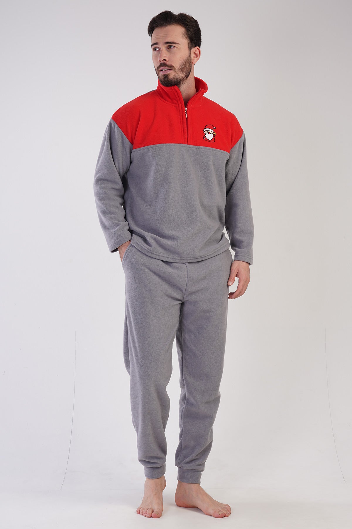 CEPLI ERKEK POLAR YAKALI DUSUK OMUZLU UZUN KOL FERMUARLI MANSETLI CEPLI PIJAMA TAKIM - GRI