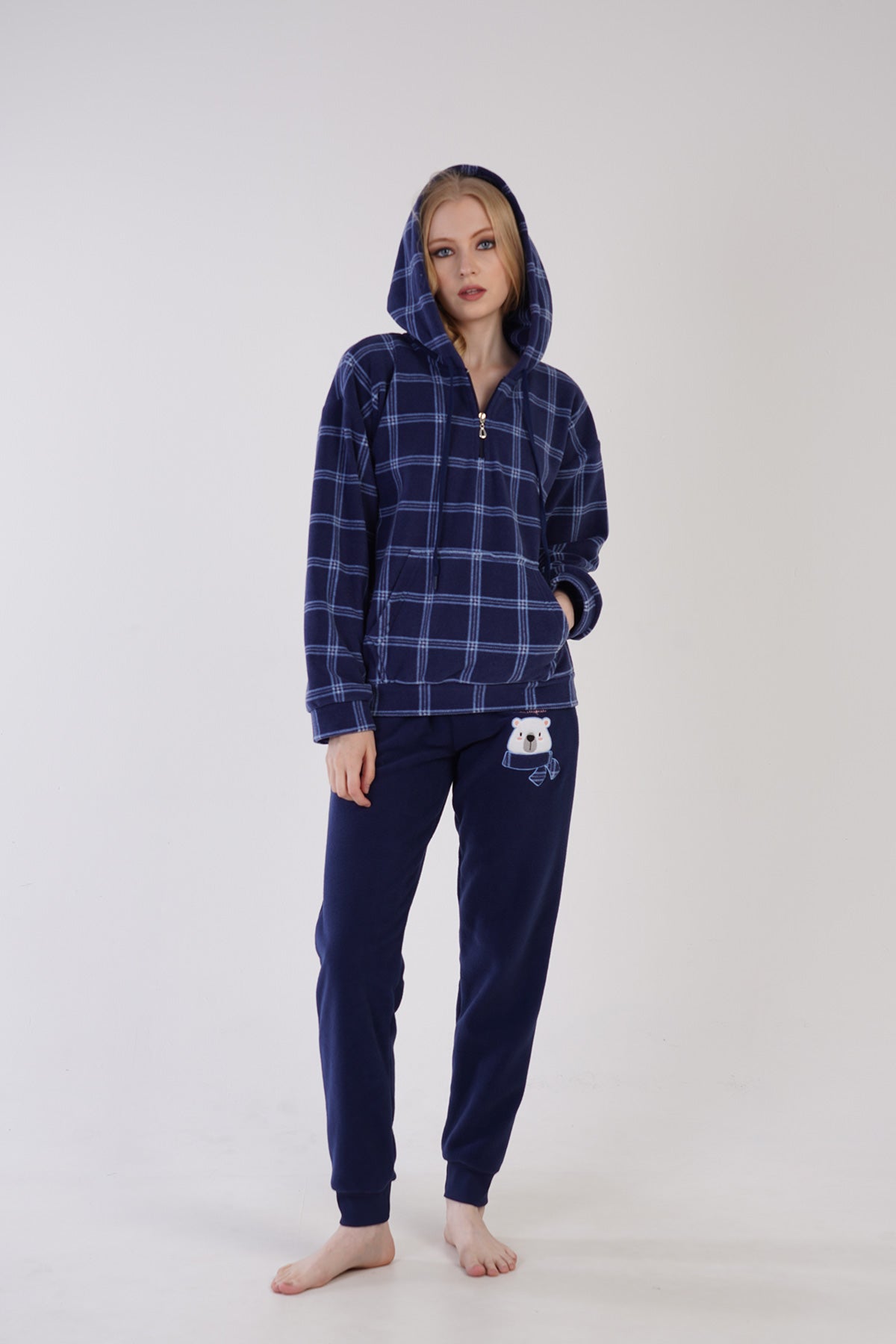 KADIN POLAR KAPSONLU DUSUK OMUZLU YARIM FERMUARLI UZUN KOL KANGURU CEPLI MANSETLI CEPLI PIJAMA TAKIM