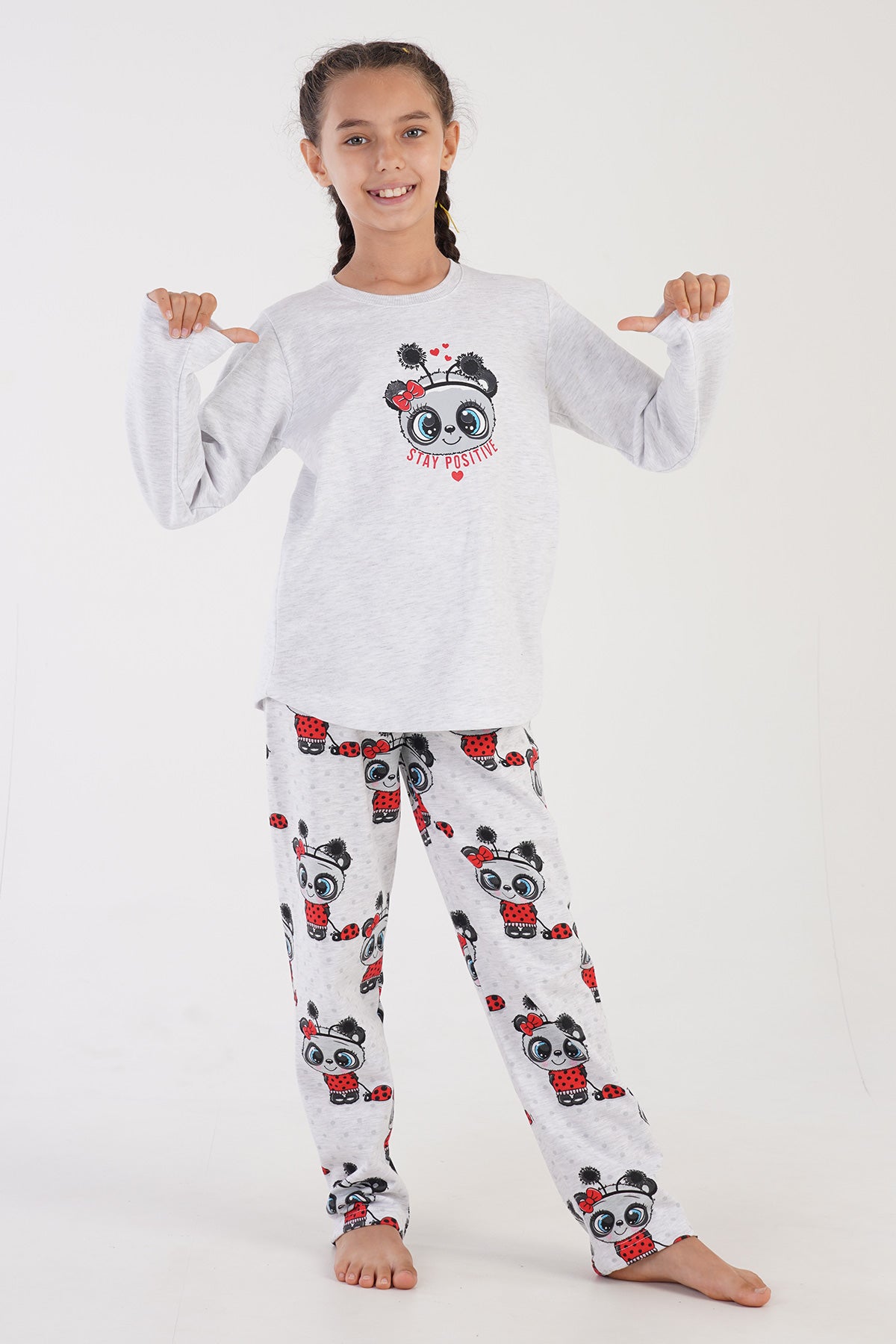 KIZ COCUK 2IPLIK O YAKA UZUN KOL ETEGI OVAL PIJAMA TAKIM(9-10/15-16) - GRAY MELANGE