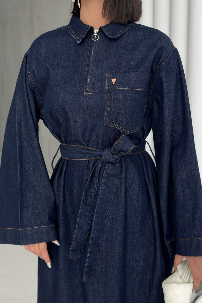 Kuşaklı Uzun Kot Elbise - Slaplı Lacivert - (S+L+3) - 5