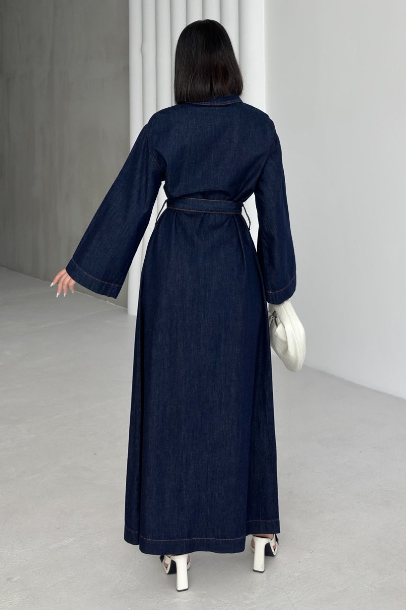 Kuşaklı Uzun Kot Elbise - Slaplı Lacivert - (S+L+3) - 6