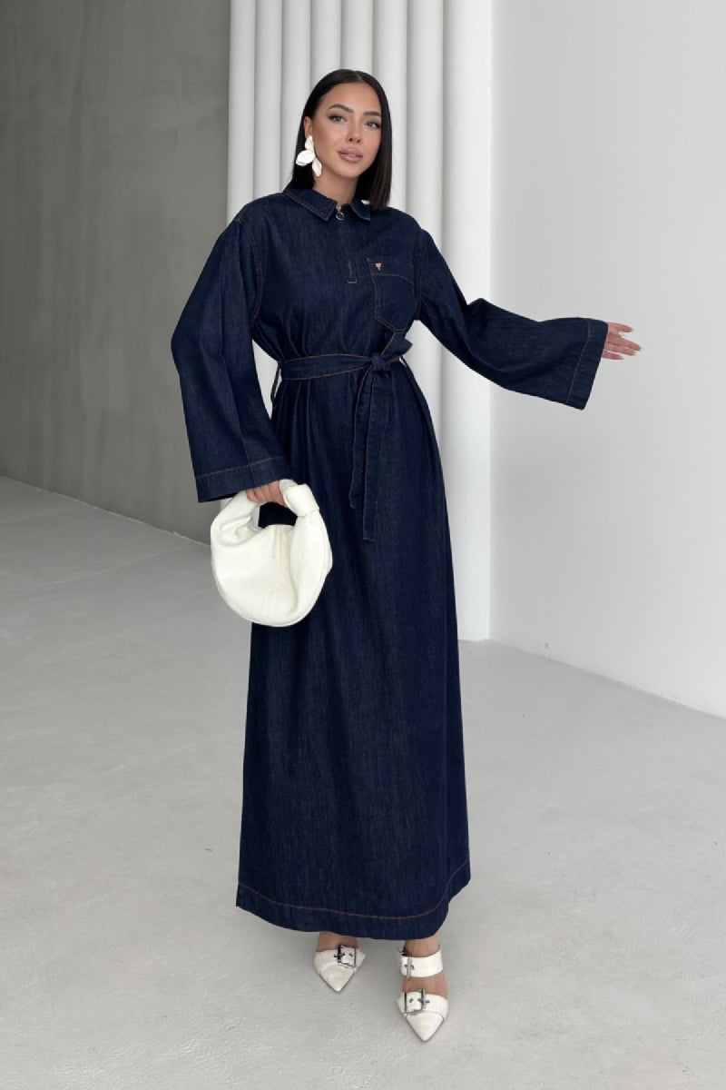Kuşaklı Uzun Kot Elbise Slaplı Lacivert