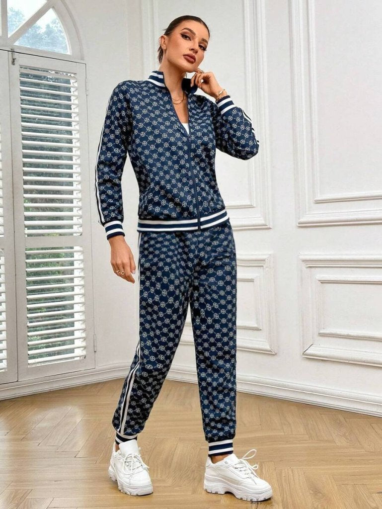 Kadın Uzun Kollu önden Fermuarlı Desenli Iki Iplik Bluz Ve Pantolon Ikili Takım , 30919
