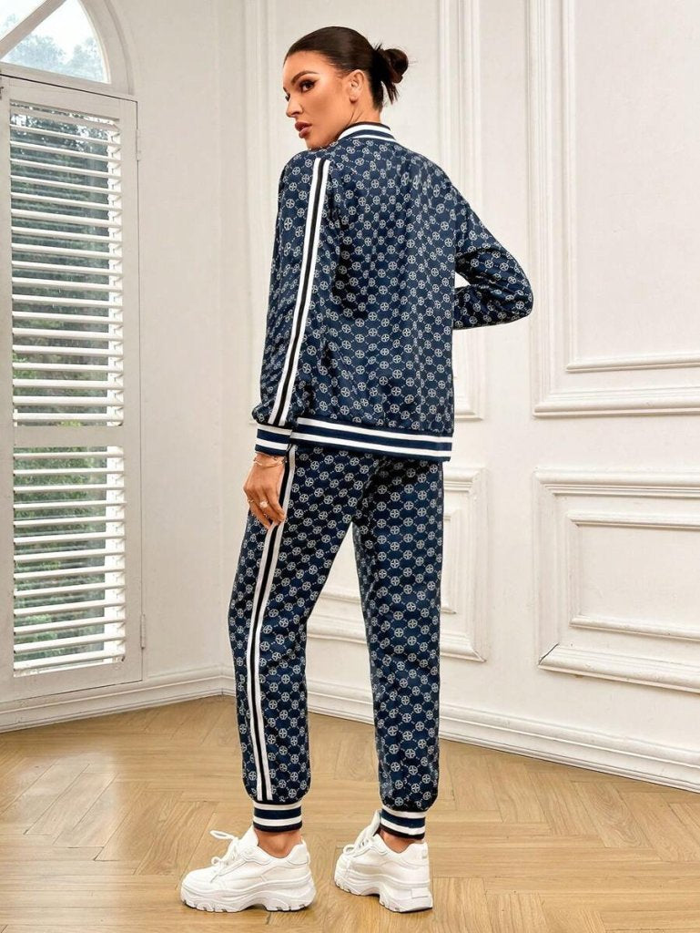 Kadın Uzun Kollu önden Fermuarlı Desenli Iki Iplik Bluz Ve Pantolon Ikili Takım , 30919