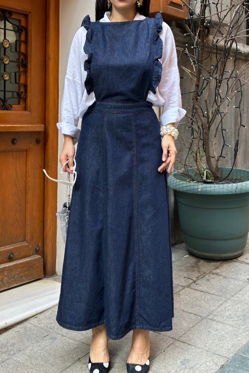 Omuzu Volanlı Fermuarlı Kot Elbise - Slaplı Lacivert - (S-XL) - 2