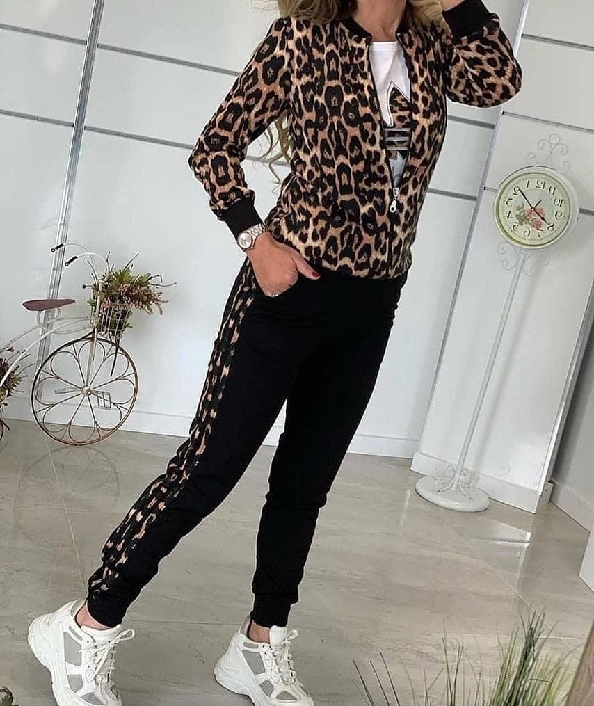 Kadın Uzun Kollu önden Fermuarlı Leopar Desen Detaylı Viskon Iki Iplik Kumaş Ikili Takım, 30363