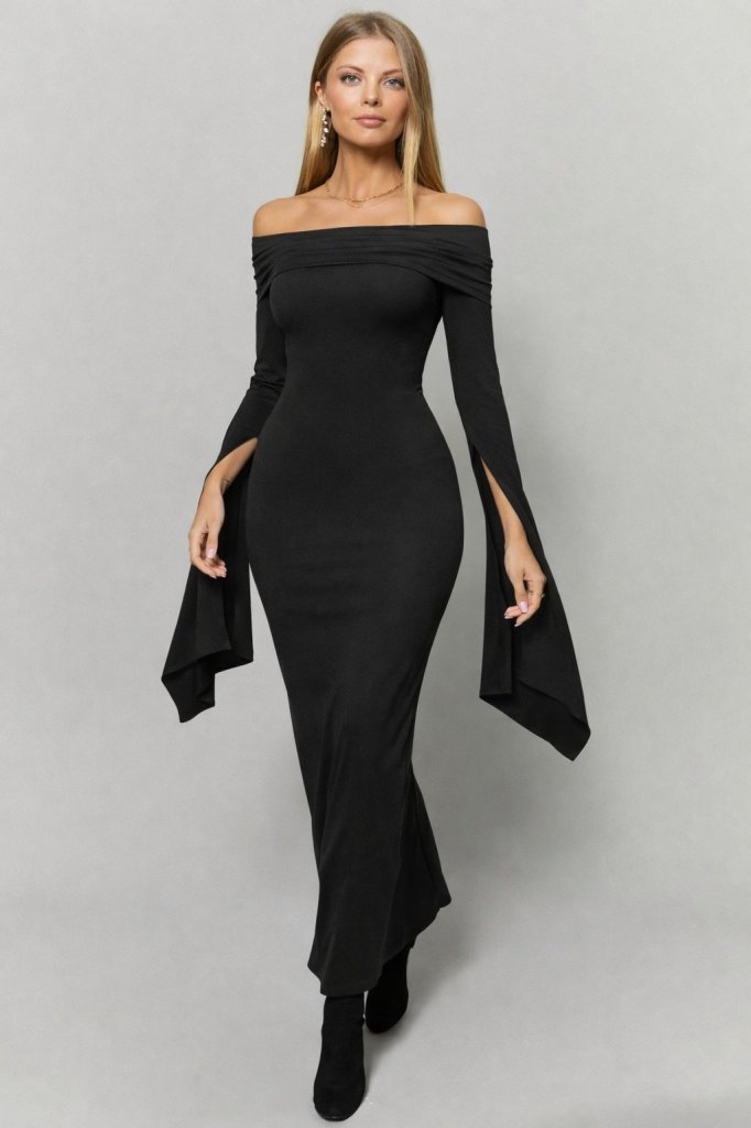 Women's Madonna Neck Long Slit Sleeve Detail Long Imported Crepe Dress, 31799