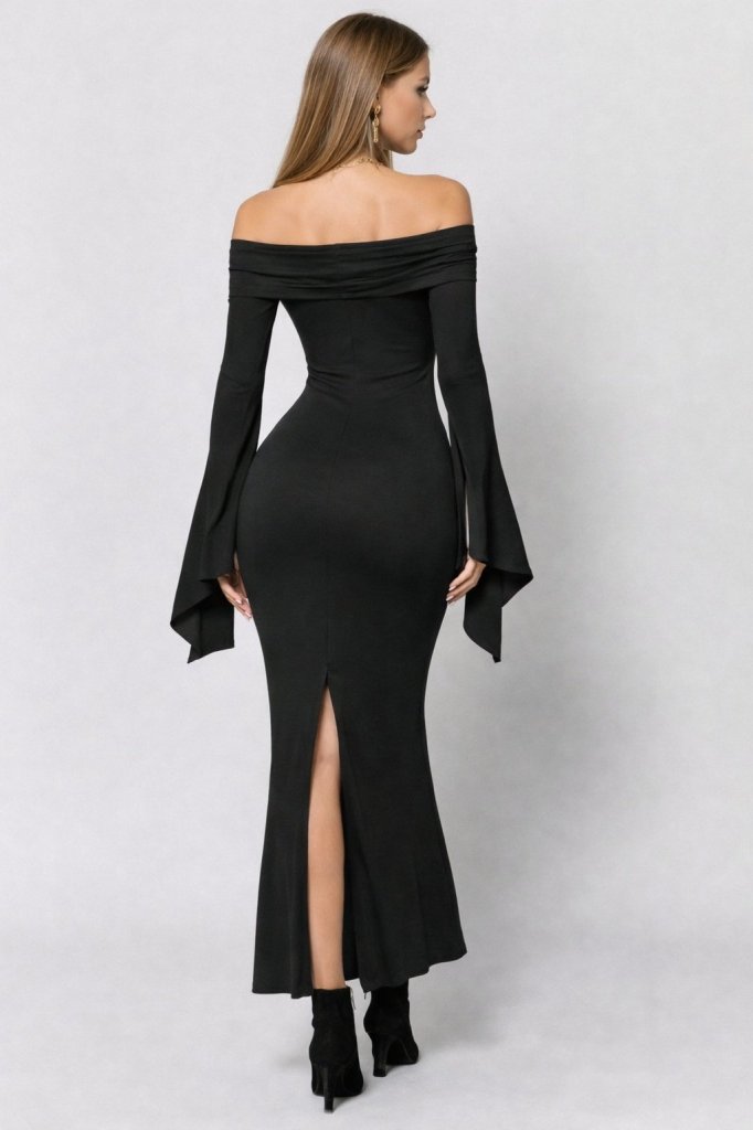 Women's Madonna Neck Long Slit Sleeve Detail Long Imported Crepe Dress, 31799