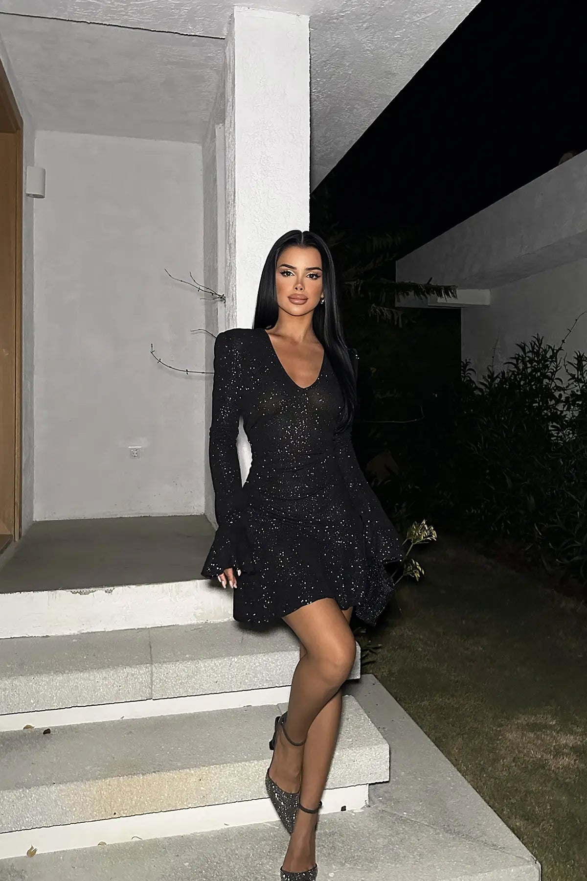 Siyah Simli Mini Elbise