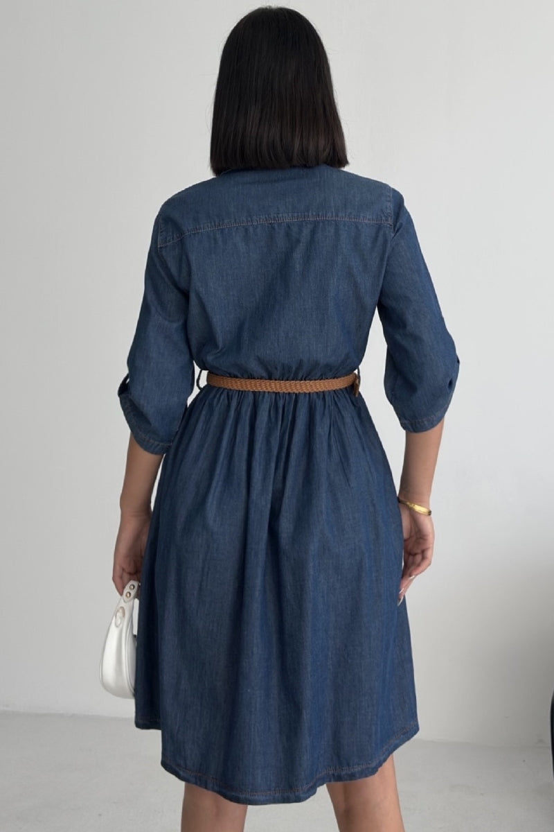 Büzgü Detaylı Kısa Kot Elbise - Düz Koyu Rins - (S-XL) - 2