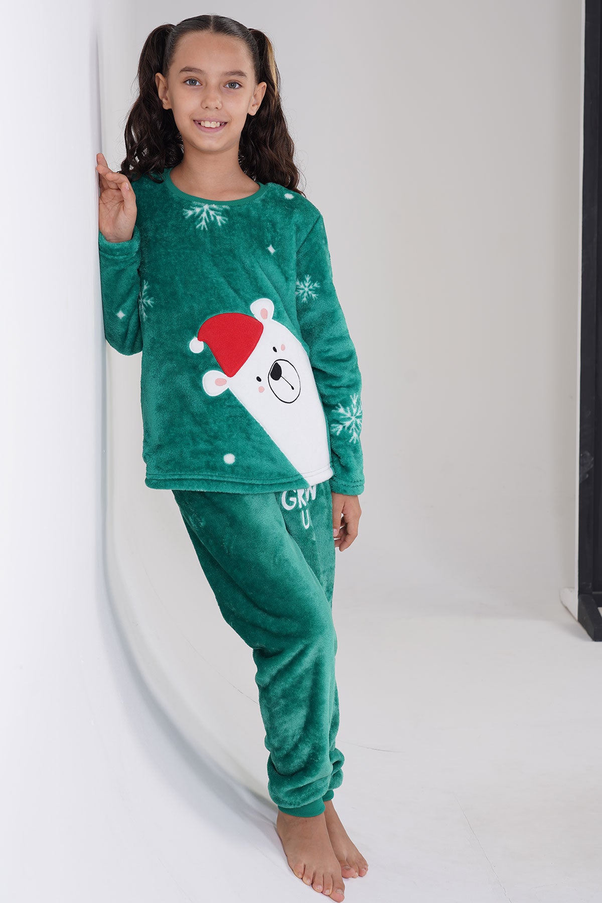 KIZ COCUK SOFT O YAKA UZUN KOL ETEGI OVAL MANSETLI PIJAMA TAKIM(7-8/13-14) - YESIL