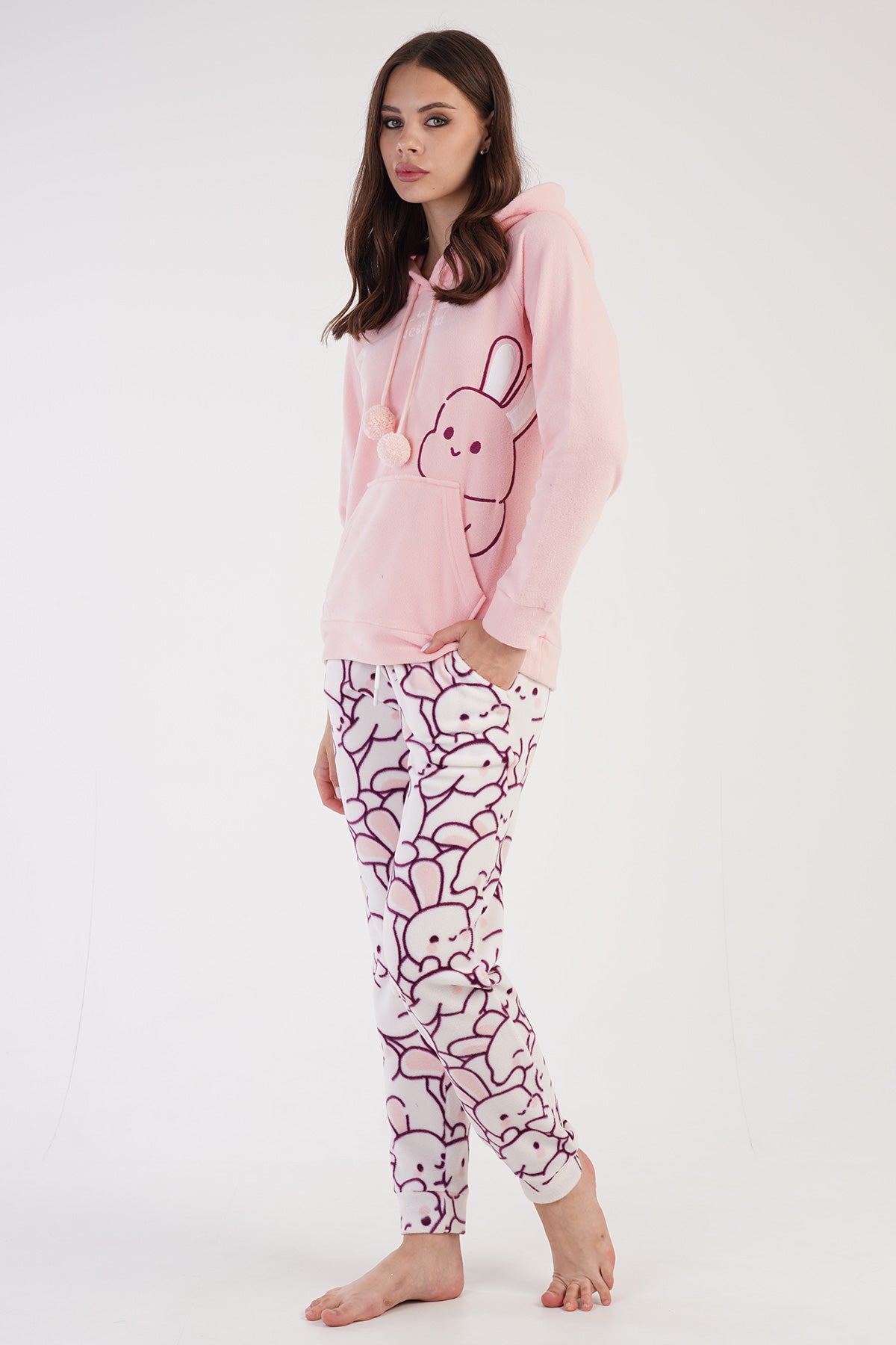 KADIN POLAR KAPSONLU REGLAN UZUN KOL KANGURU CEPLI MANSETLI CEPLI PIJAMA TAKIM - TOZPEMBE001