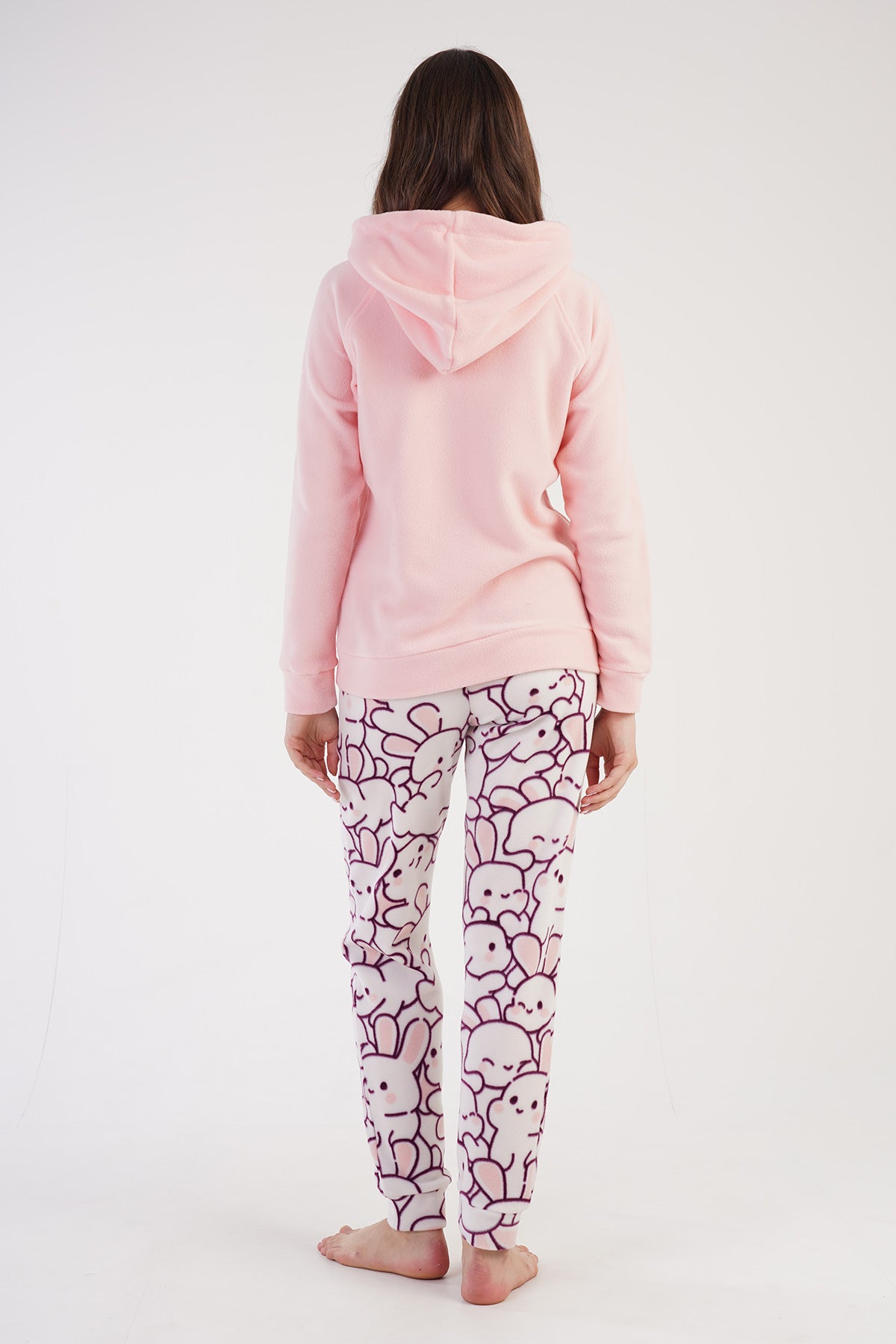 KADIN POLAR KAPSONLU REGLAN UZUN KOL KANGURU CEPLI MANSETLI CEPLI PIJAMA TAKIM - TOZPEMBE001