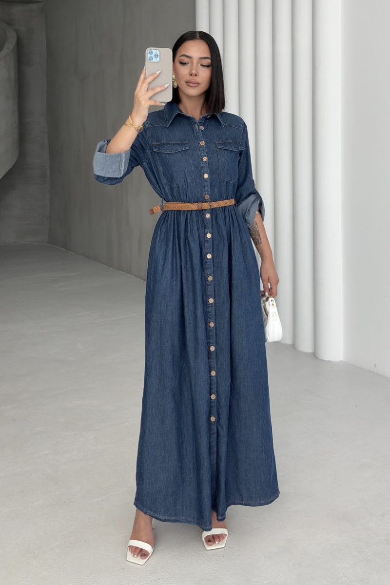 Düğmeli Uzun Kot Elbise - Düz Koyu Rins - (S-XL) - 3