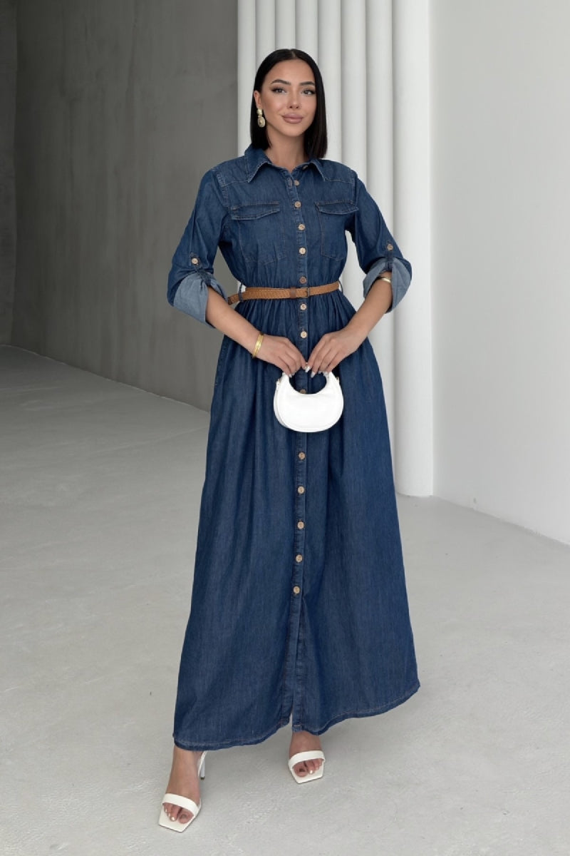 Düğmeli Uzun Kot Elbise - Düz Koyu Rins - (S-XL) - 5