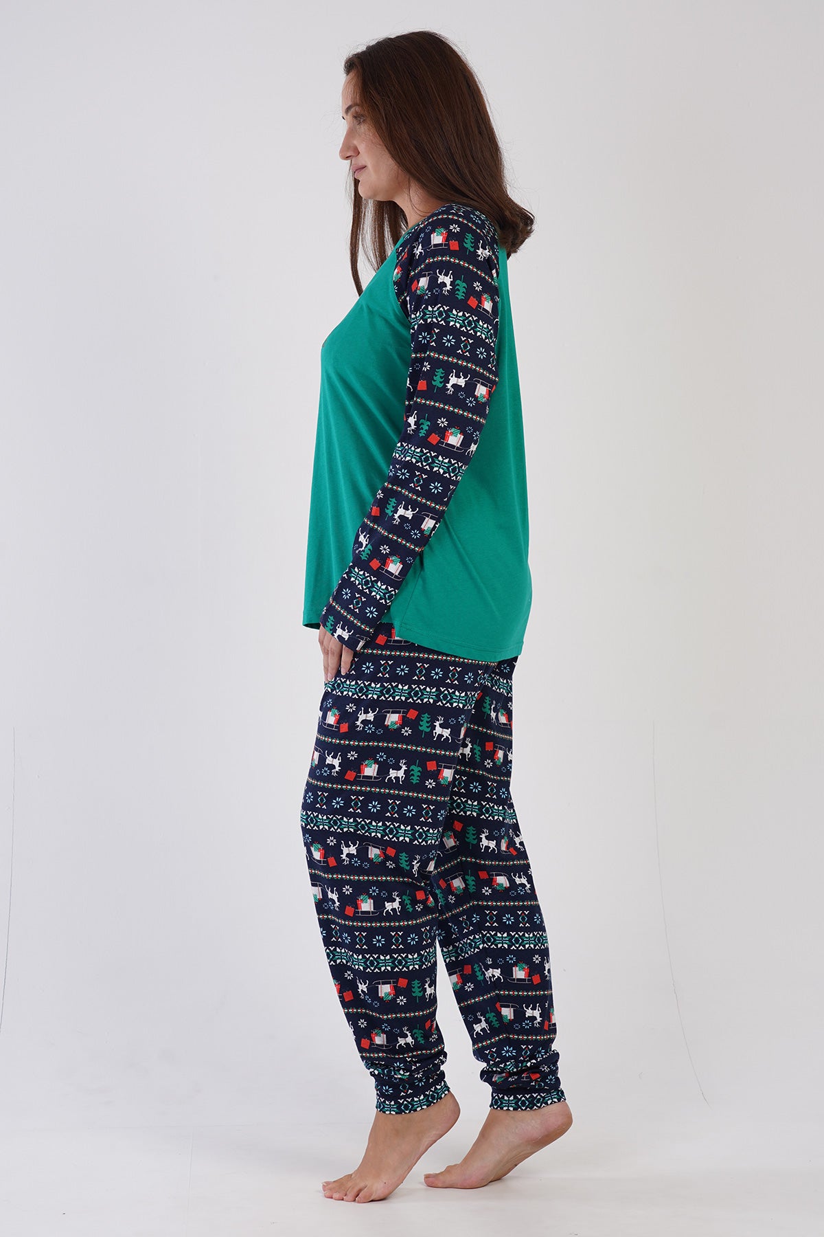 KADIN P.SUPREM XXL O YAKA REGLAN UZUN KOL ETEGI OVAL MANSETLI PIJAMA TAKIM - YESIL