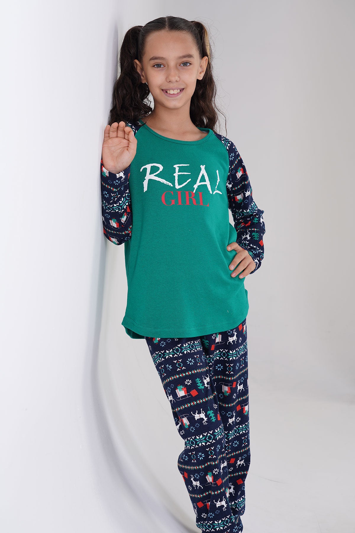 KIZ COCUK O.INTERLOK O YAKA REGLAN UZUN KOL ETEGI OVAL MANSETLI PIJAMA TAKIM(9-10/15-16) - YESIL