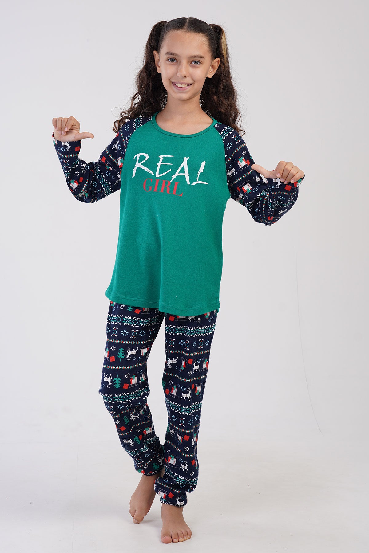 KIZ COCUK O.INTERLOK O YAKA REGLAN UZUN KOL ETEGI OVAL MANSETLI PIJAMA TAKIM(9-10/15-16) - YESIL