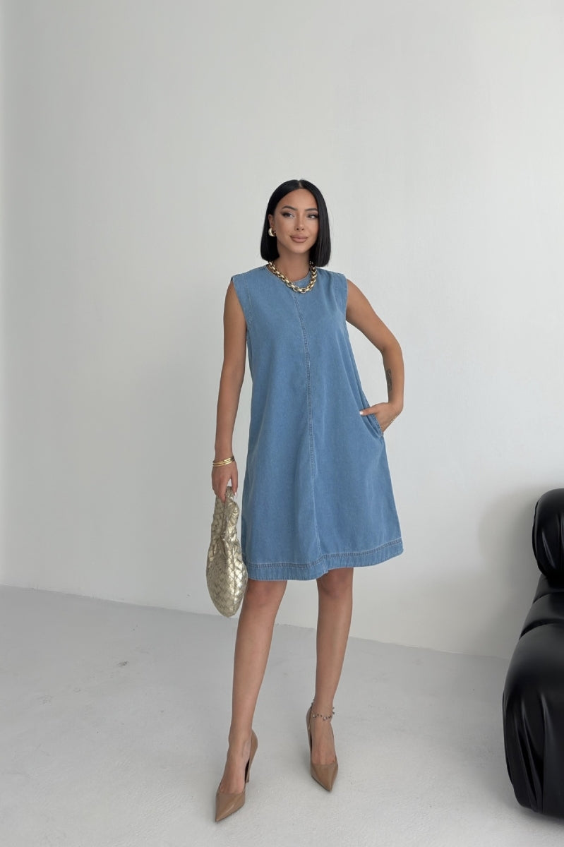 Kolsuz Cepli Oversize Elbise - Orta Mavi - (S-XL-6) - 6