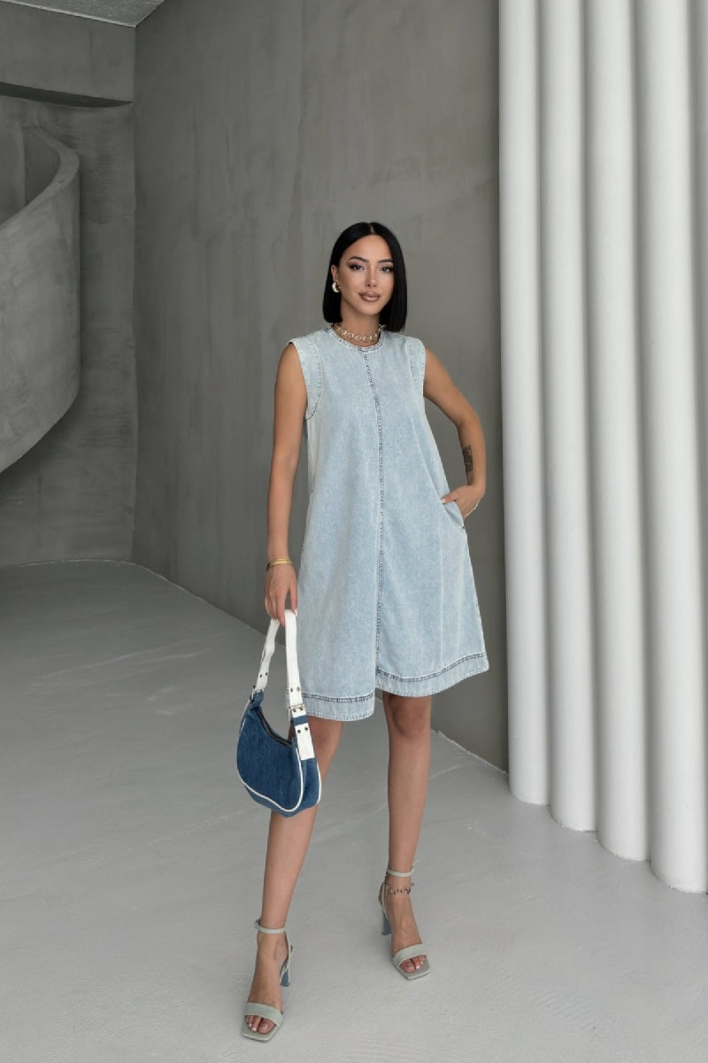 Kolsuz Cepli Oversize Elbise - Buz Mavisi ve Tintli - (S-XL-6) - 2