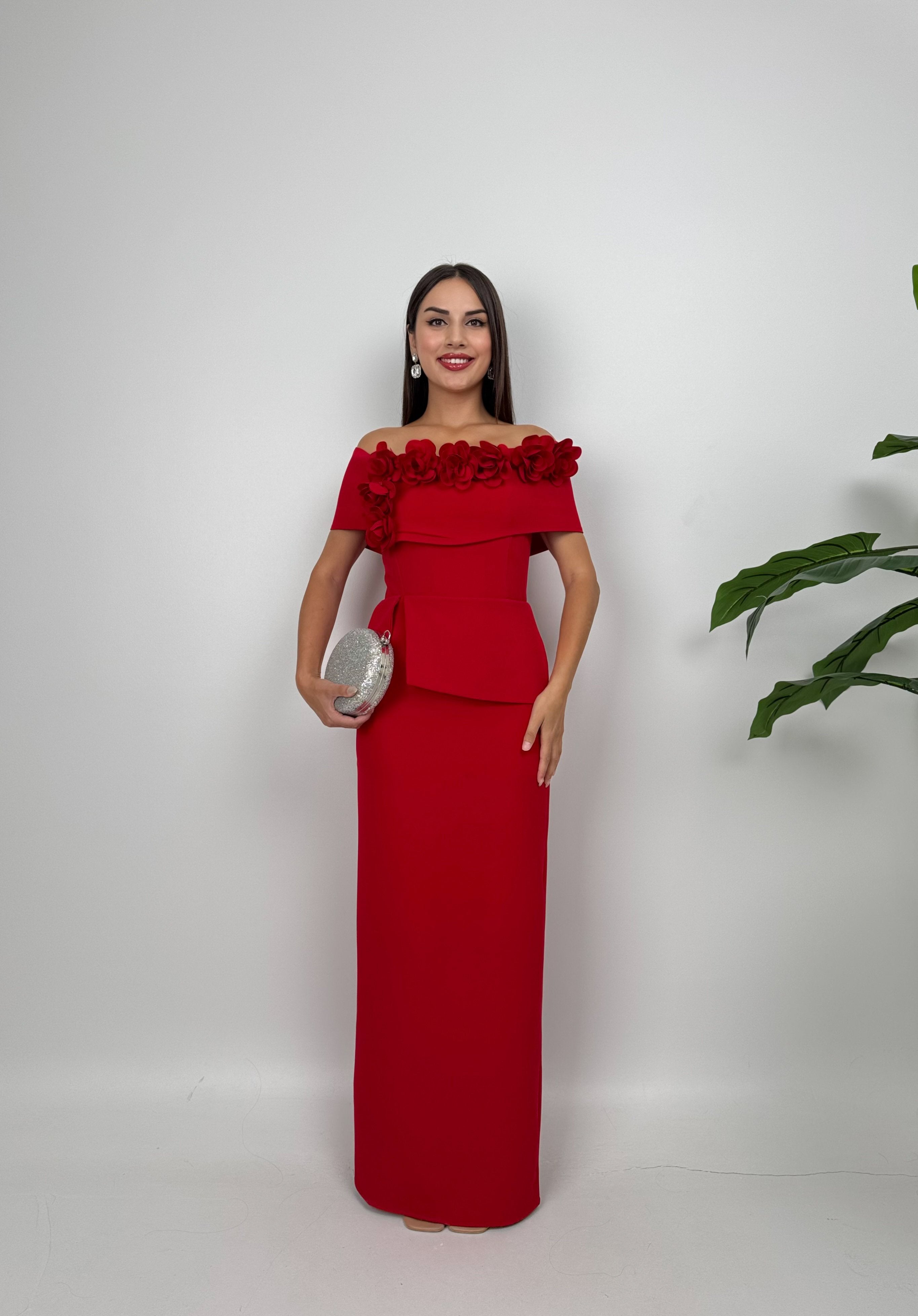3044 KAYIK YAKA GÜLLÜ ELBİSE