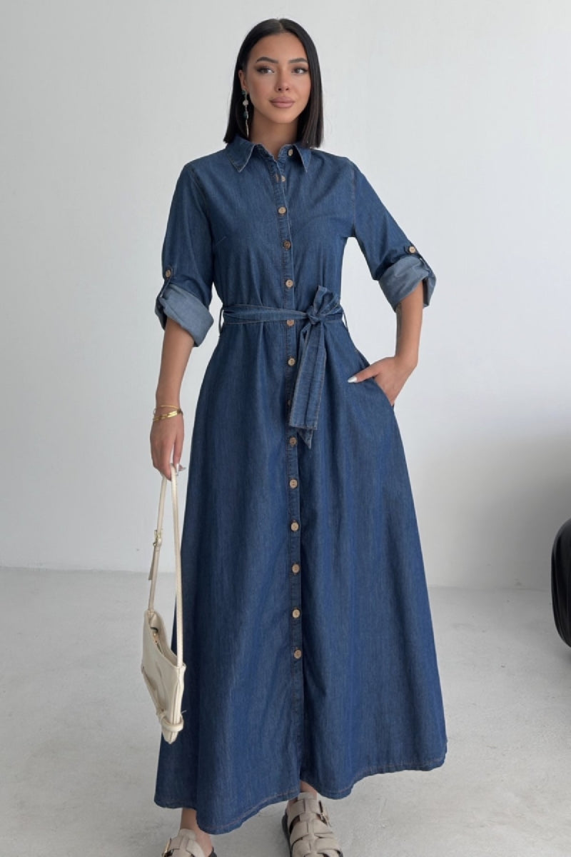 Düğmeli Uzun Boy Kot Elbise - Düz Koyu Rins - (S-XL) - 3