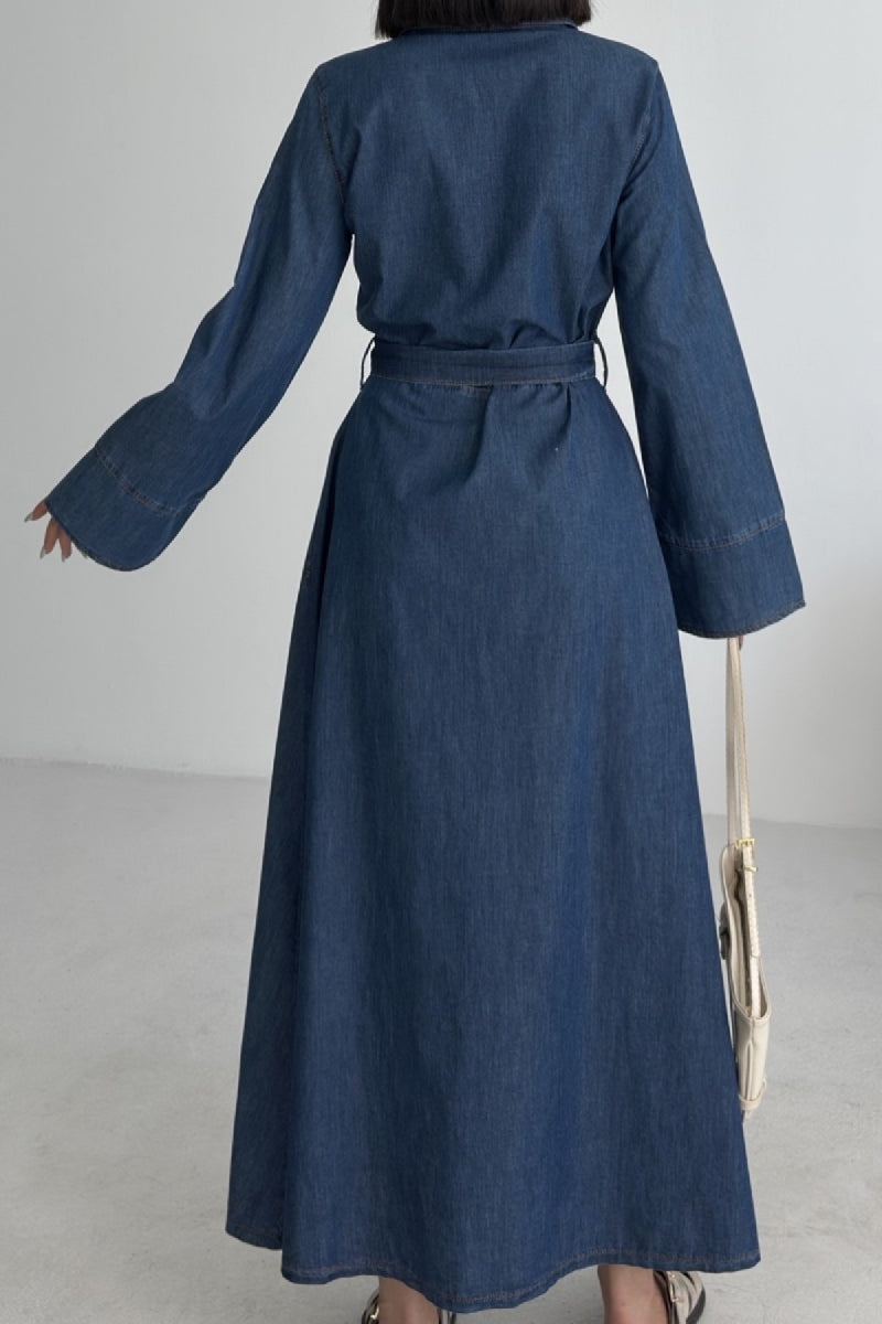 Düğmeli Uzun Boy Kot Elbise - Düz Koyu Rins - (S-XL) - 4