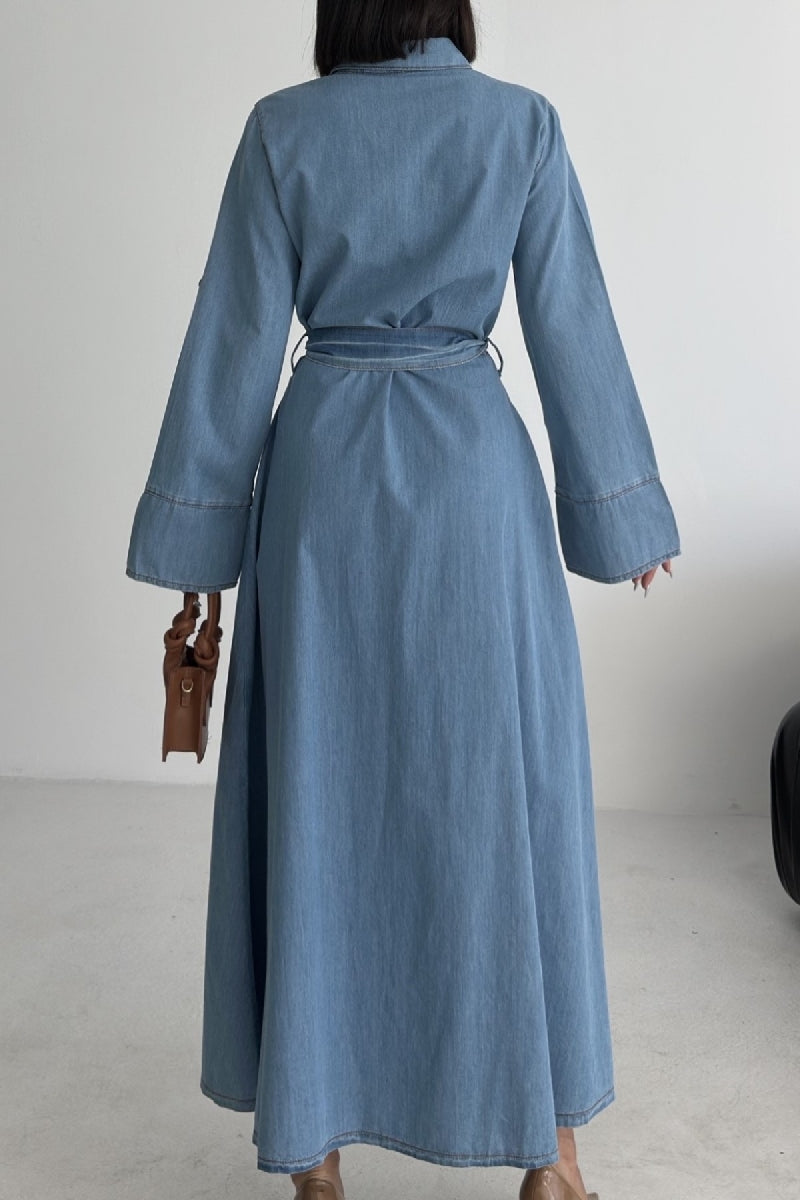 Düğmeli Uzun Boy Kot Elbise - Düz Orta Mavi Rins - (S-XL) - 2