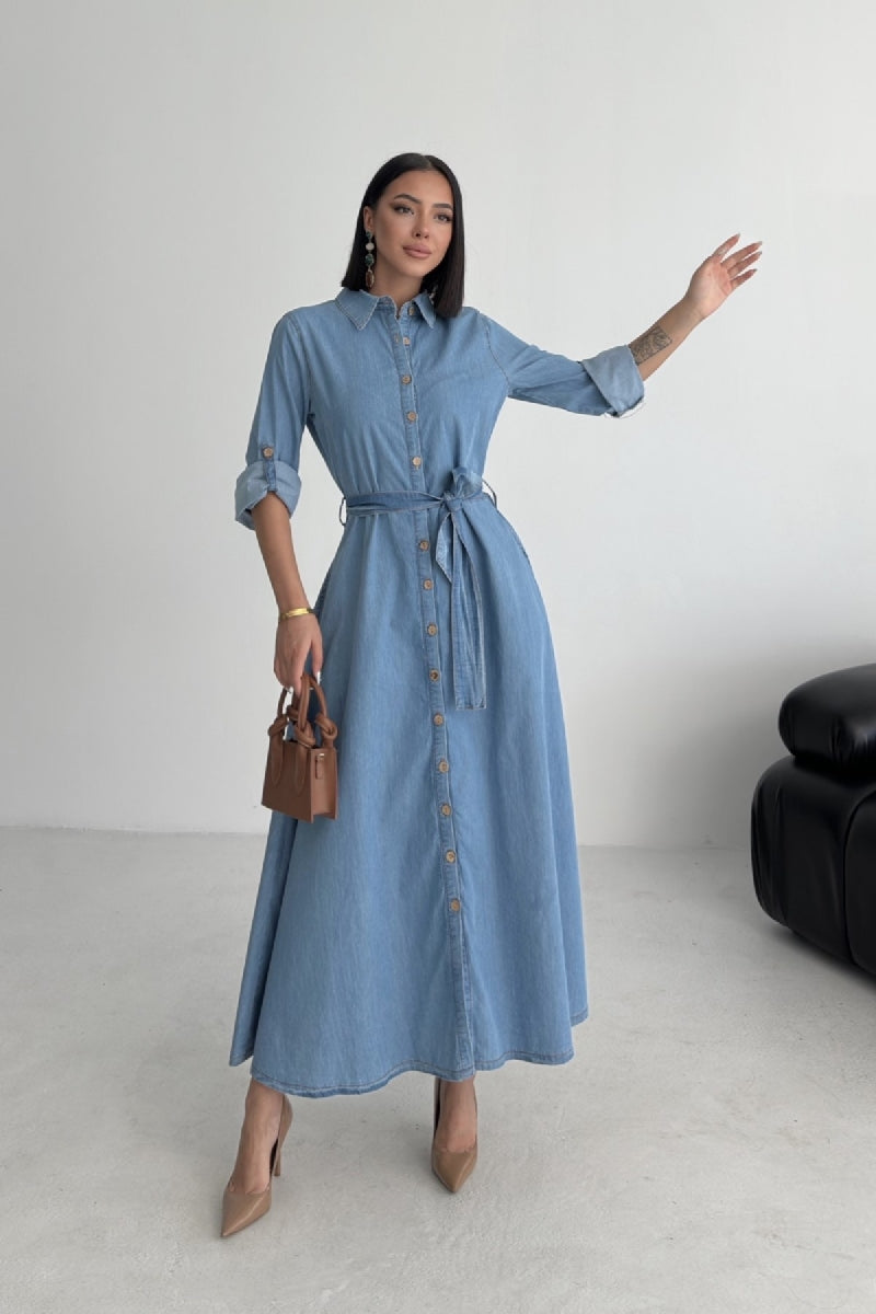 Düğmeli Uzun Boy Kot Elbise - Düz Orta Mavi Rins - (S-XL) - 3