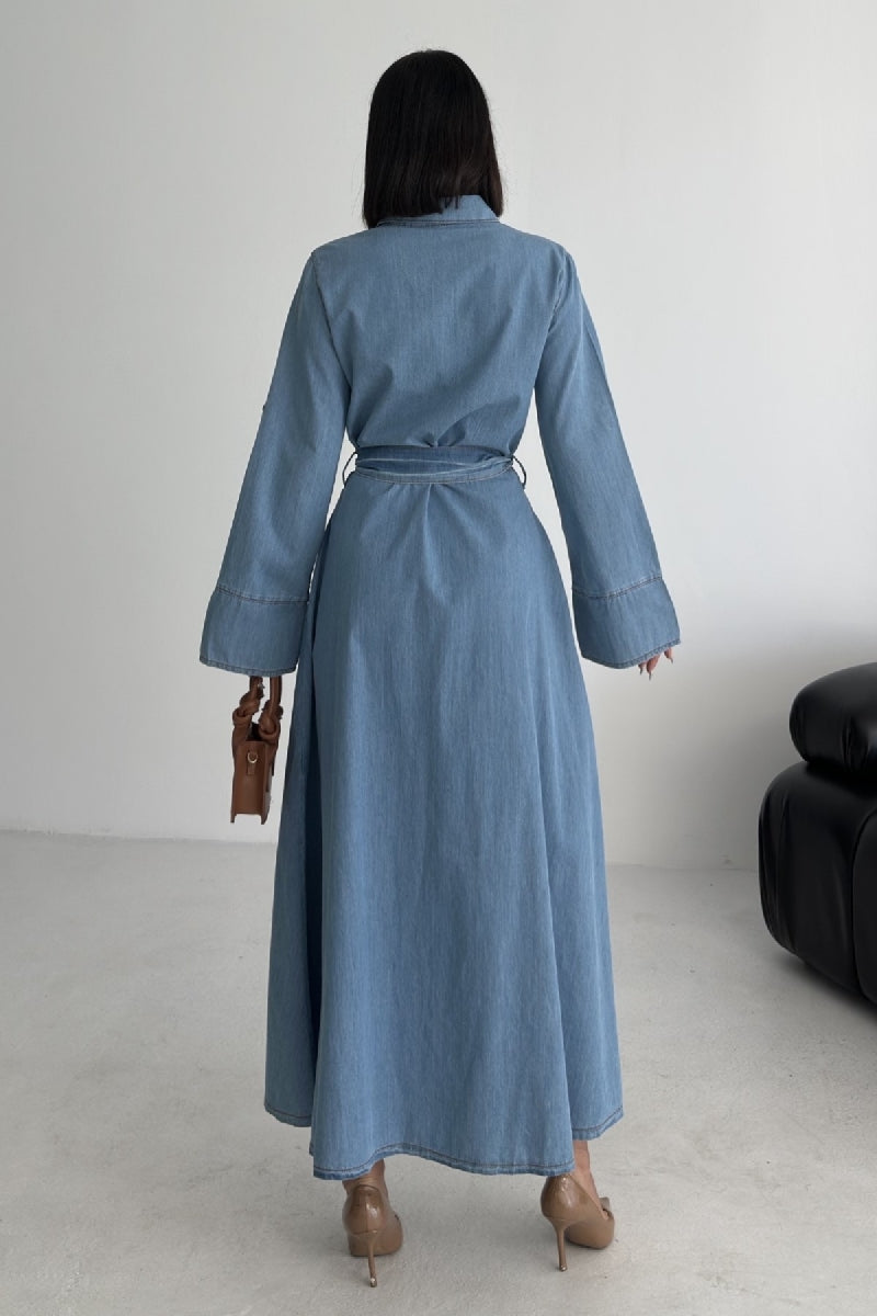 Düğmeli Uzun Boy Kot Elbise - Düz Orta Mavi Rins - (S-XL) - 4