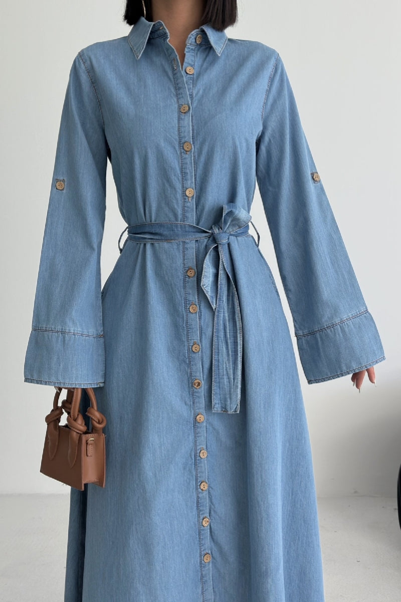 Düğmeli Uzun Boy Kot Elbise - Düz Orta Mavi Rins - (S-XL) - 5