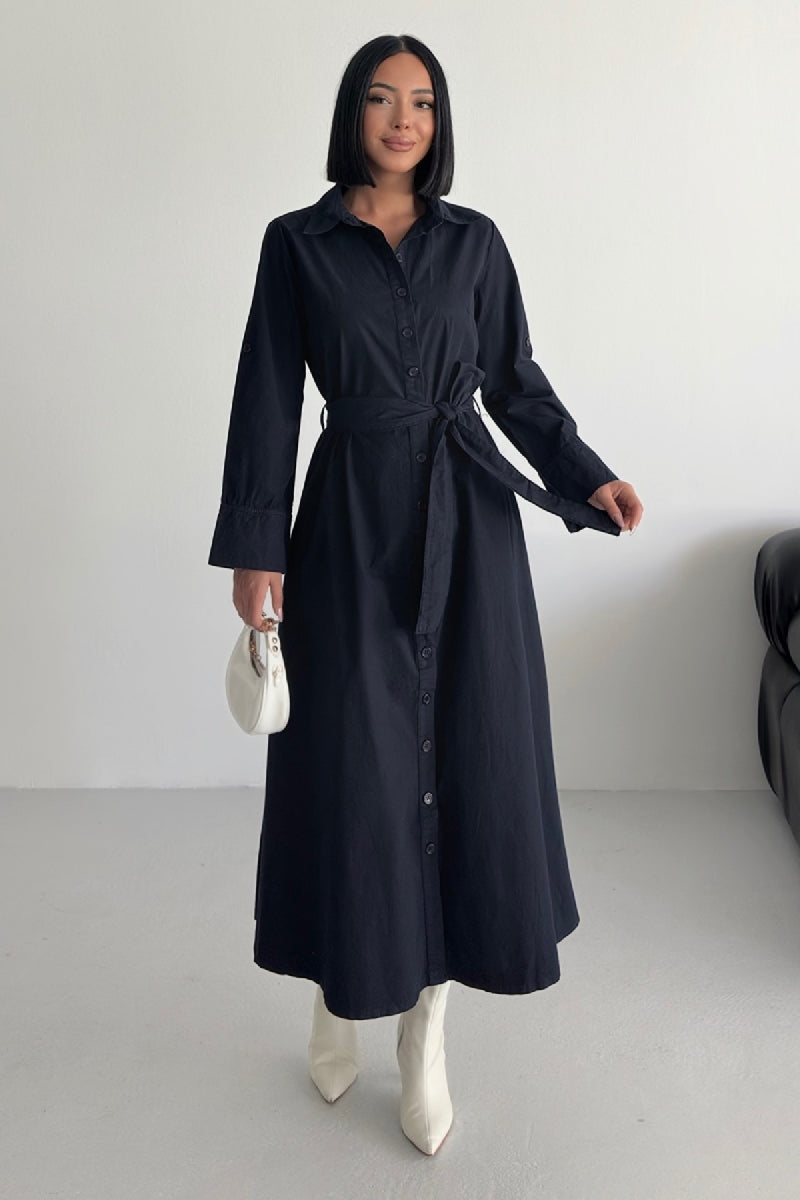 Düğmeli Uzun Boy Kot Elbise - Lacivert Renk - (S-XL) - 3
