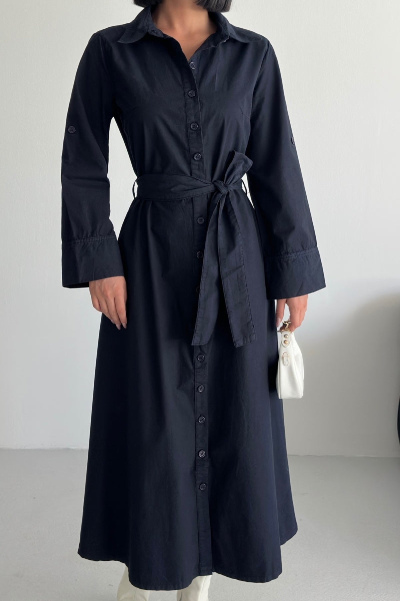 Düğmeli Uzun Boy Kot Elbise - Lacivert Renk - (S-XL) - 4