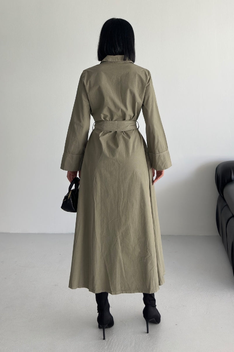 Düğmeli Uzun Boy Kot Elbise - Yeşil - (S-XL) - 2