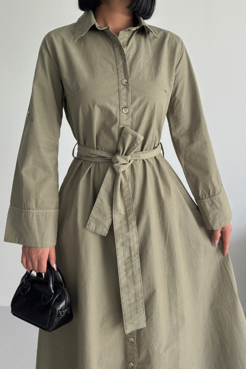 Düğmeli Uzun Boy Kot Elbise - Yeşil - (S-XL) - 4