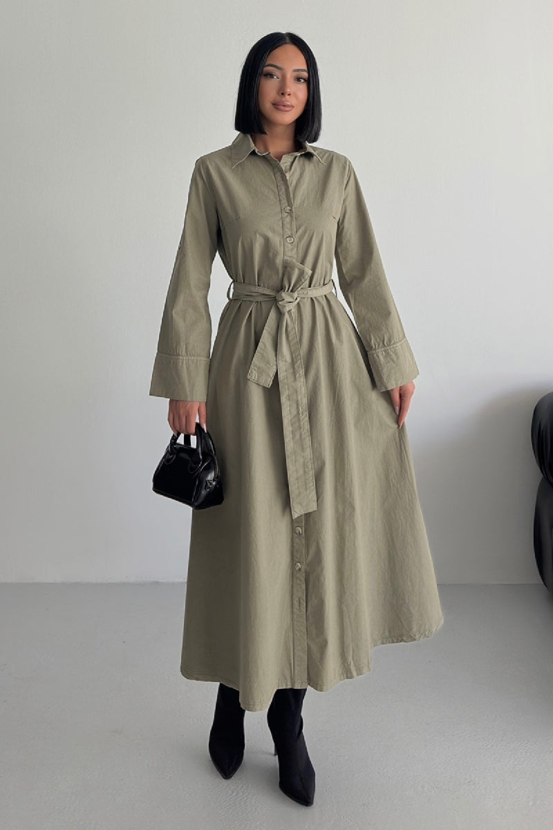 Düğmeli Uzun Boy Kot Elbise - Yeşil - (S-XL) - 5