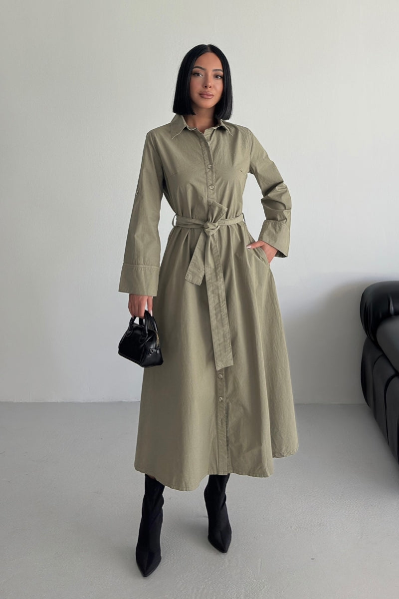 Düğmeli Uzun Boy Kot Elbise Yeşil