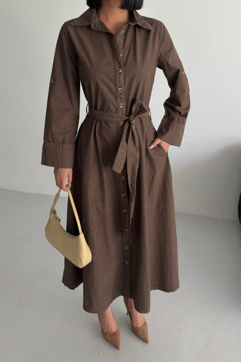 Düğmeli Uzun Boy Kot Elbise - Kahverengi - (S-XL) - 2