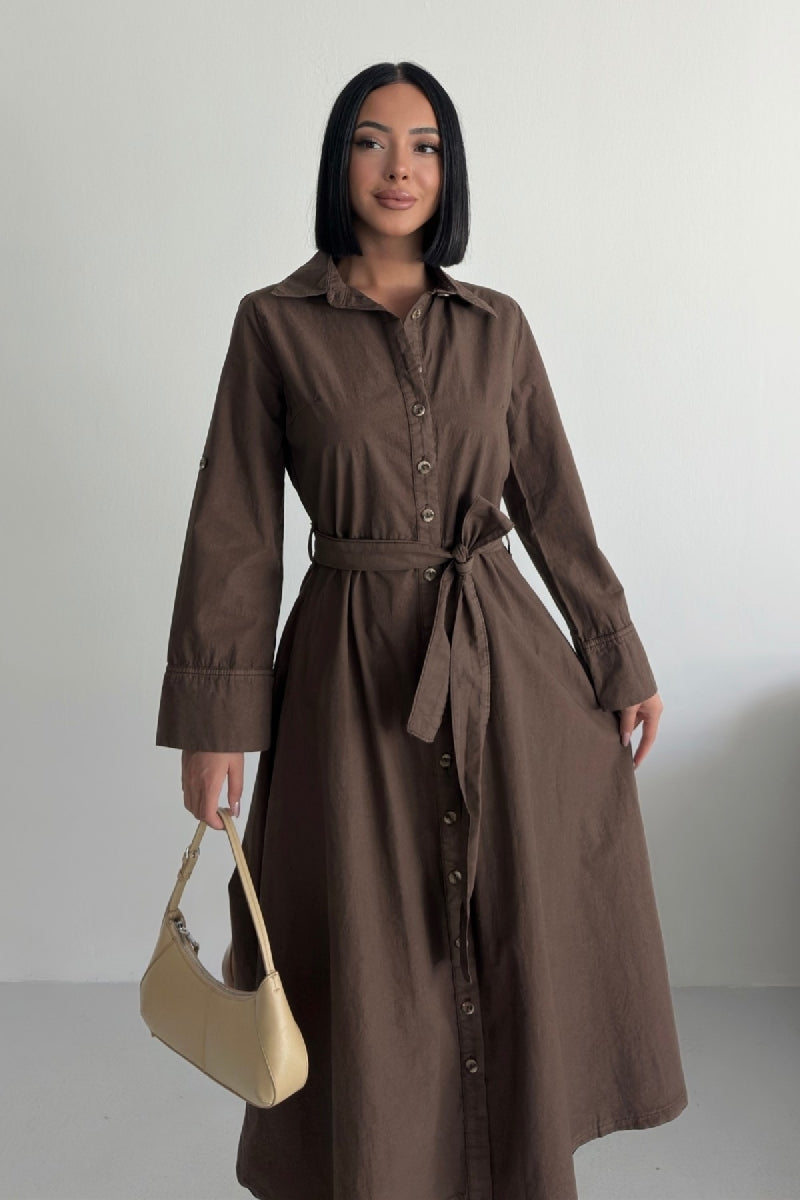 Düğmeli Uzun Boy Kot Elbise - Kahverengi - (S-XL) - 3